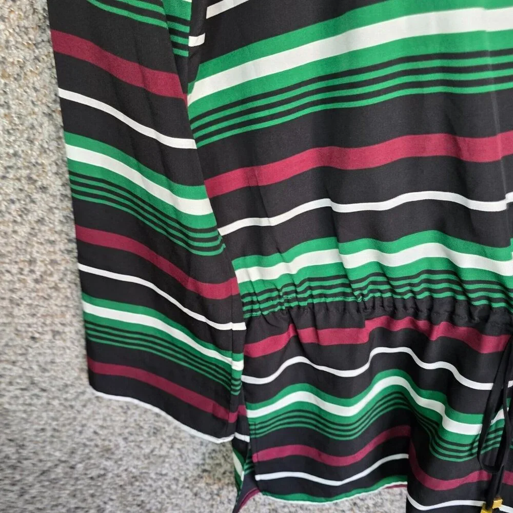 Michael‎ Kors Top Womens Large Black Green Striped V Neck Blouse Semi Sheer
